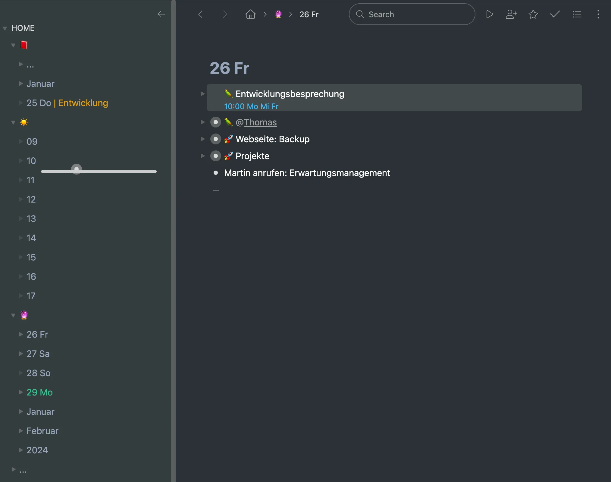 Arbeiten mit dem Workflowy Zeitstrahl